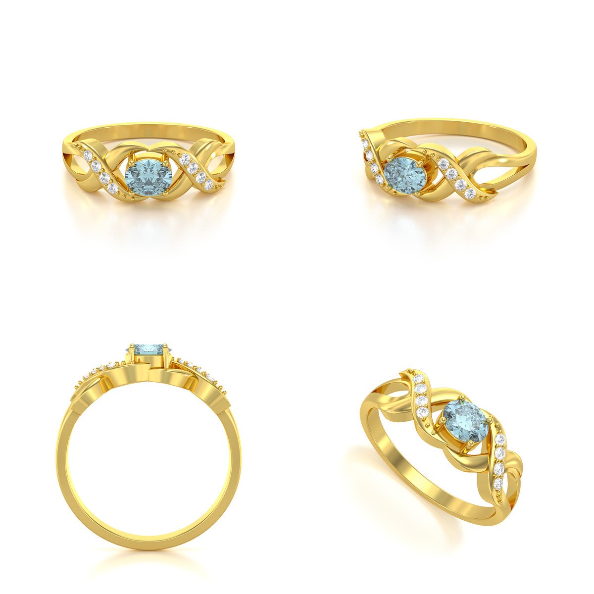 Bague ADEN Or 585 Jaune Aigue-Marine et diamants 2.684grs