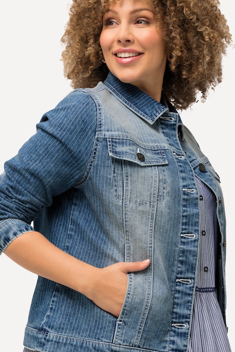 Jeansjacke, Streifen, Hemdkragen, Knopfleiste
