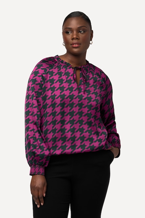 Satinbluse, Hahnentrittmuster, Boxy, Rundhals, Langarm