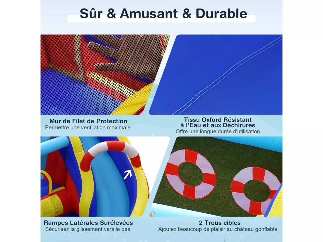Aquatique Gonflable 6 en 1 avec Toboggan Incurvé Piscine à Eclaboussures Jeu Cible et Canon à Eau pour Enfants 3-10 ans（sans Gonfleur)