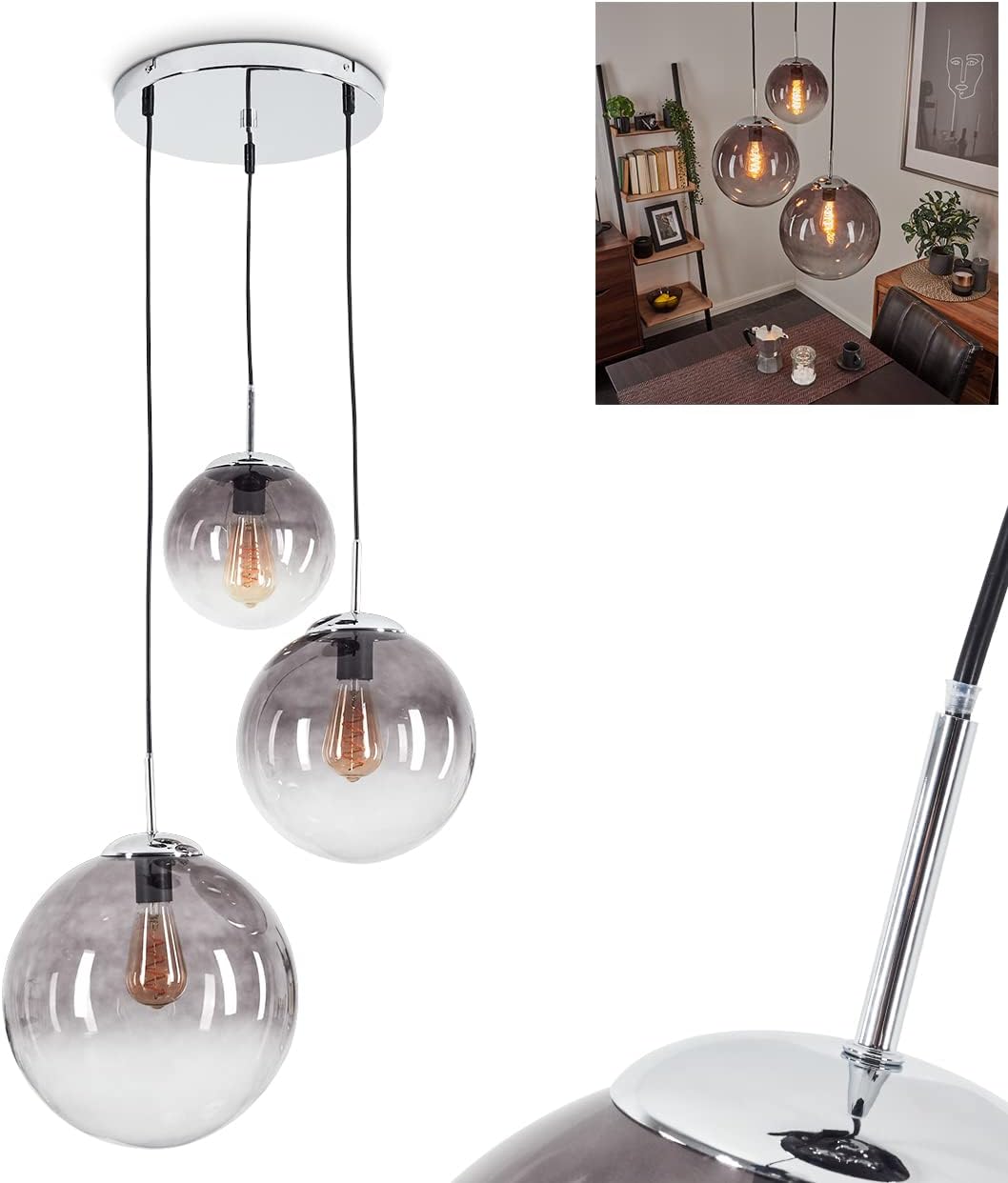 Hängeleuchte Degevos, 3-flammige Deckenlampe aus Metall/Glas in Chrom/Rauchfarben, moderne Pendellampe mit Kugeln aus Echtglas, Höhe max. 120 cm, 3 x E27,ohne Leuchtmittel