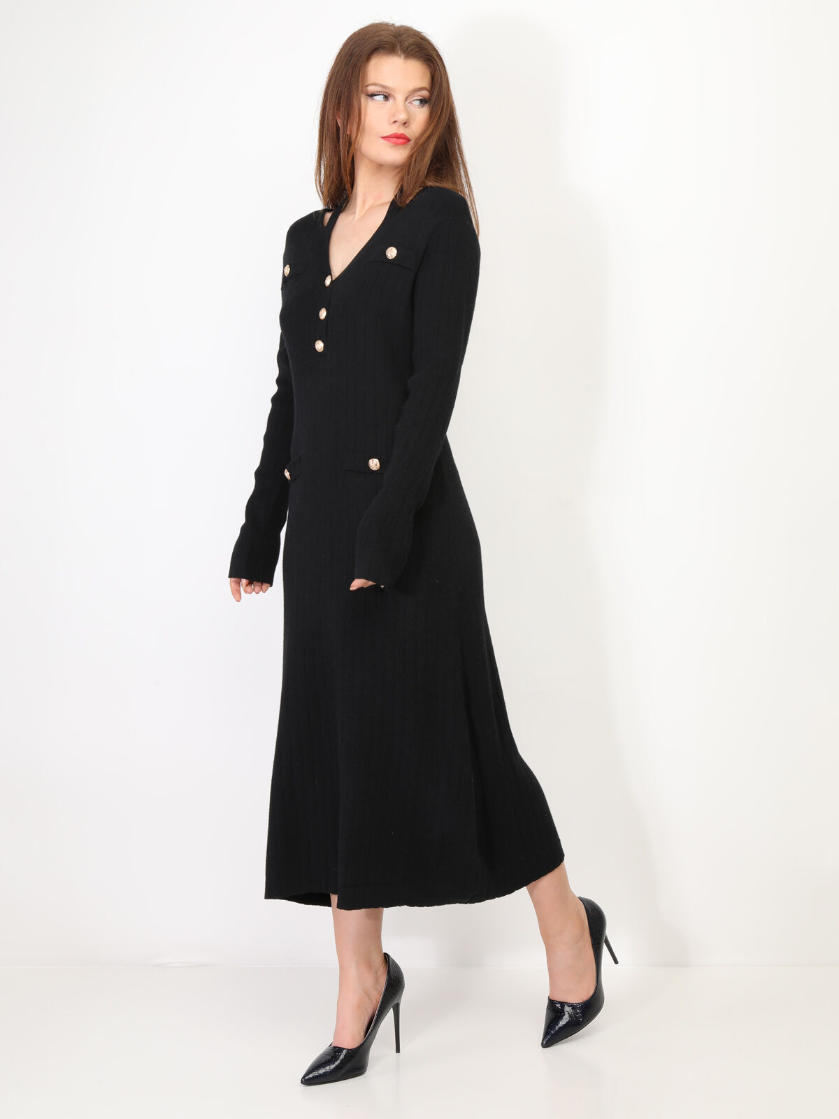 Robe longue cut out à boutons- Noir