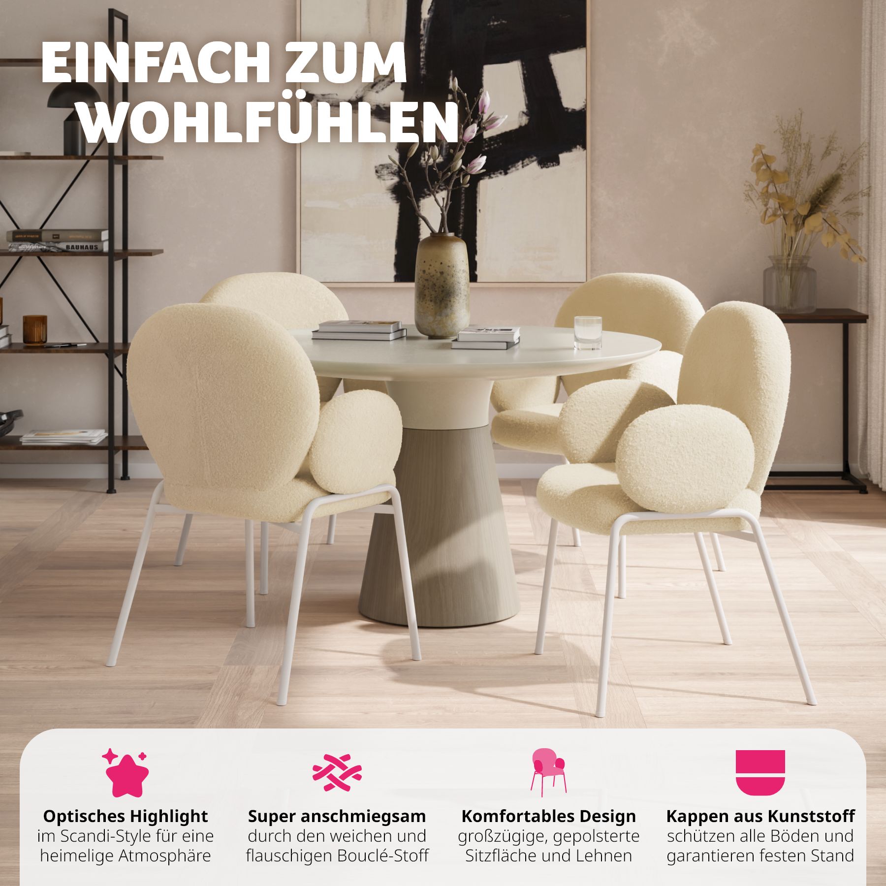 tectake® Stuhl, gepolstert mit Bouclé-Bezug, runde Stahlbeine, Belastbarkeit 120 kg, 61,5 x 62 x 90 cm