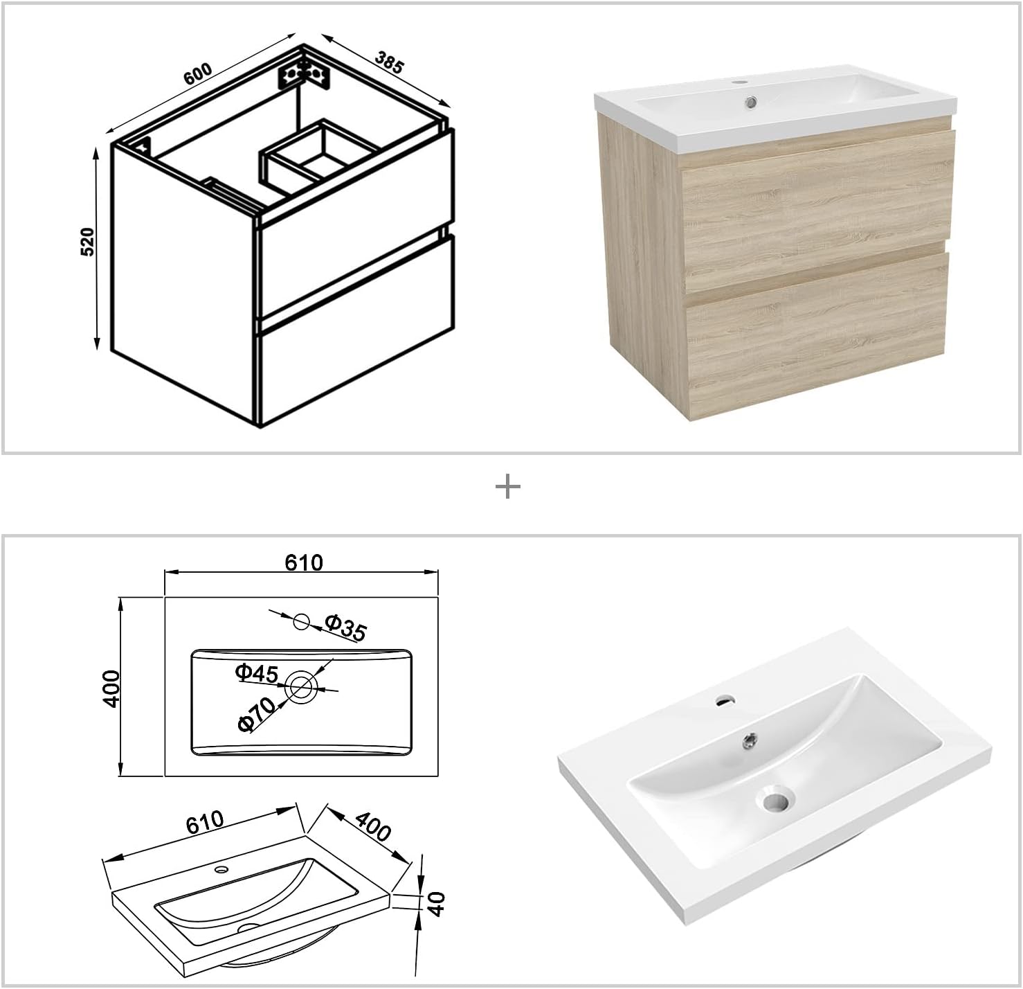 Waschbecken mit unterschrank Badezimmer 60 cm Breit Badmöbel Set mit Waschbecken und 2 Soft-Close Schubladen Waschtisch Unterschrank Eiche für Badezimmer Hängend
