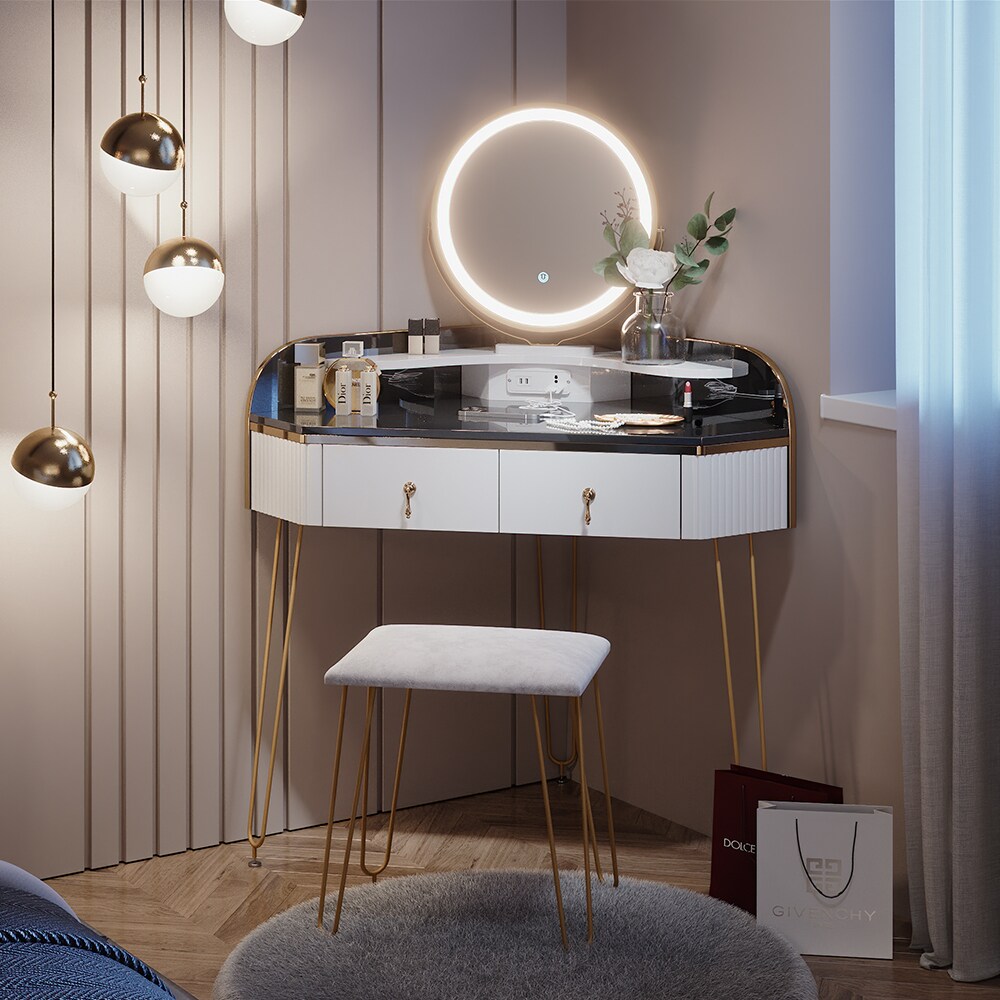 Vicco Eckschminktisch Amira mit LED-Spiegel, Hocker und USB-Anschluss in weiß
