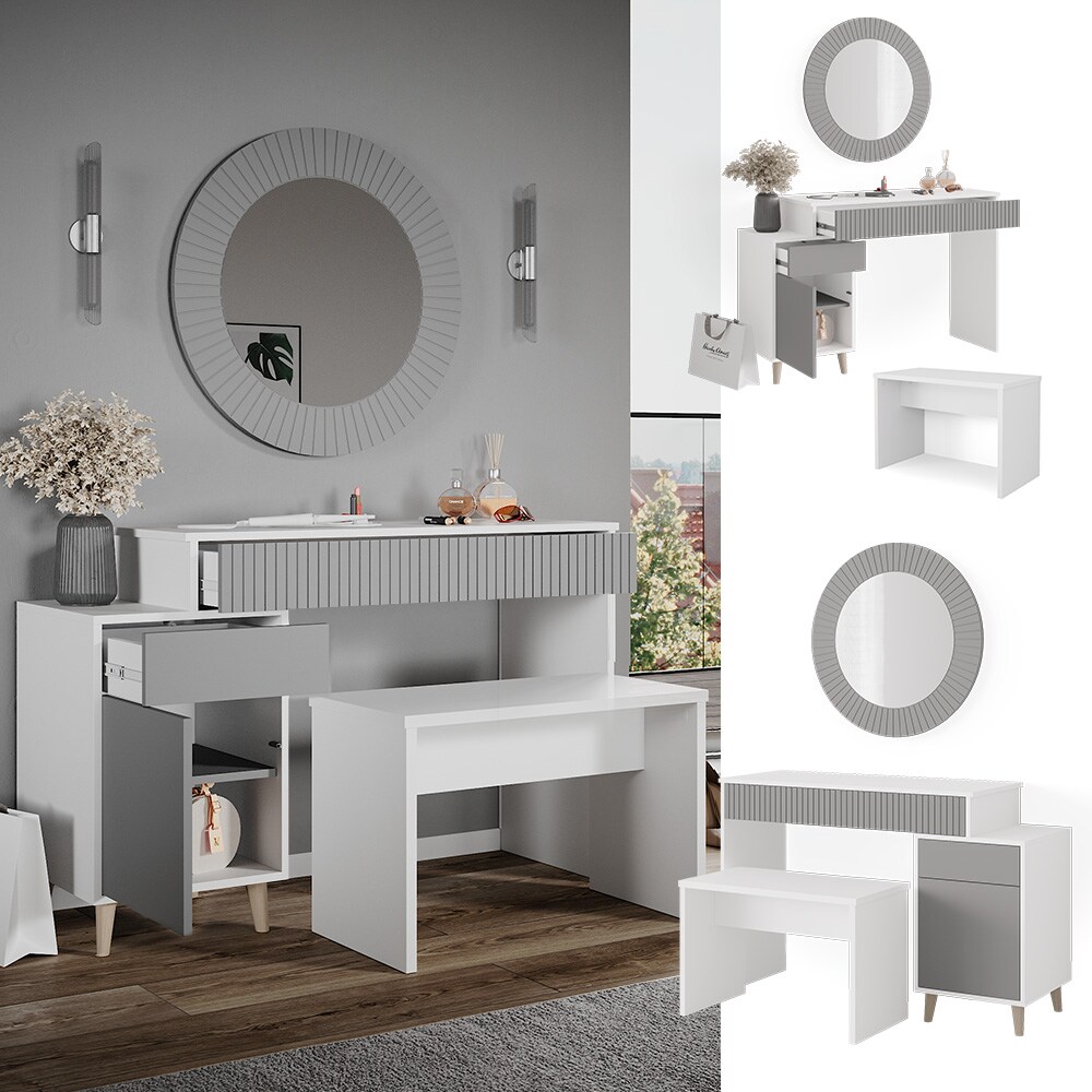 Vicco Schminktisch Frisiertisch Kosmetiktisch Arles Weiß Hellgrau Schminkspiegel Bank 120x77 cm Skandi Schlafzimmerkommode Schminkkommode Schublade Ablage Aufbewahrung Frisierkommode Make-Up-Tisch