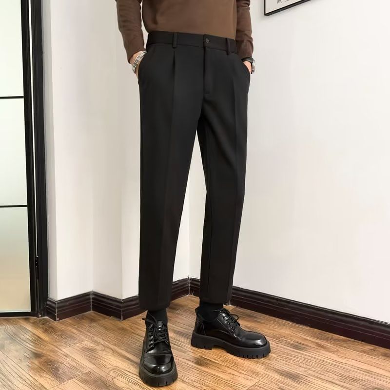 DuckleBeam - Mid Rise Plain Cropped Straight Leg Dress Pants