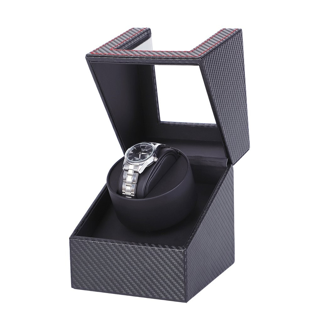 Automatische Leder Uhrenbeweger Box Rotierendes Uhren Gehäuse im Carbon Look - Schwarz