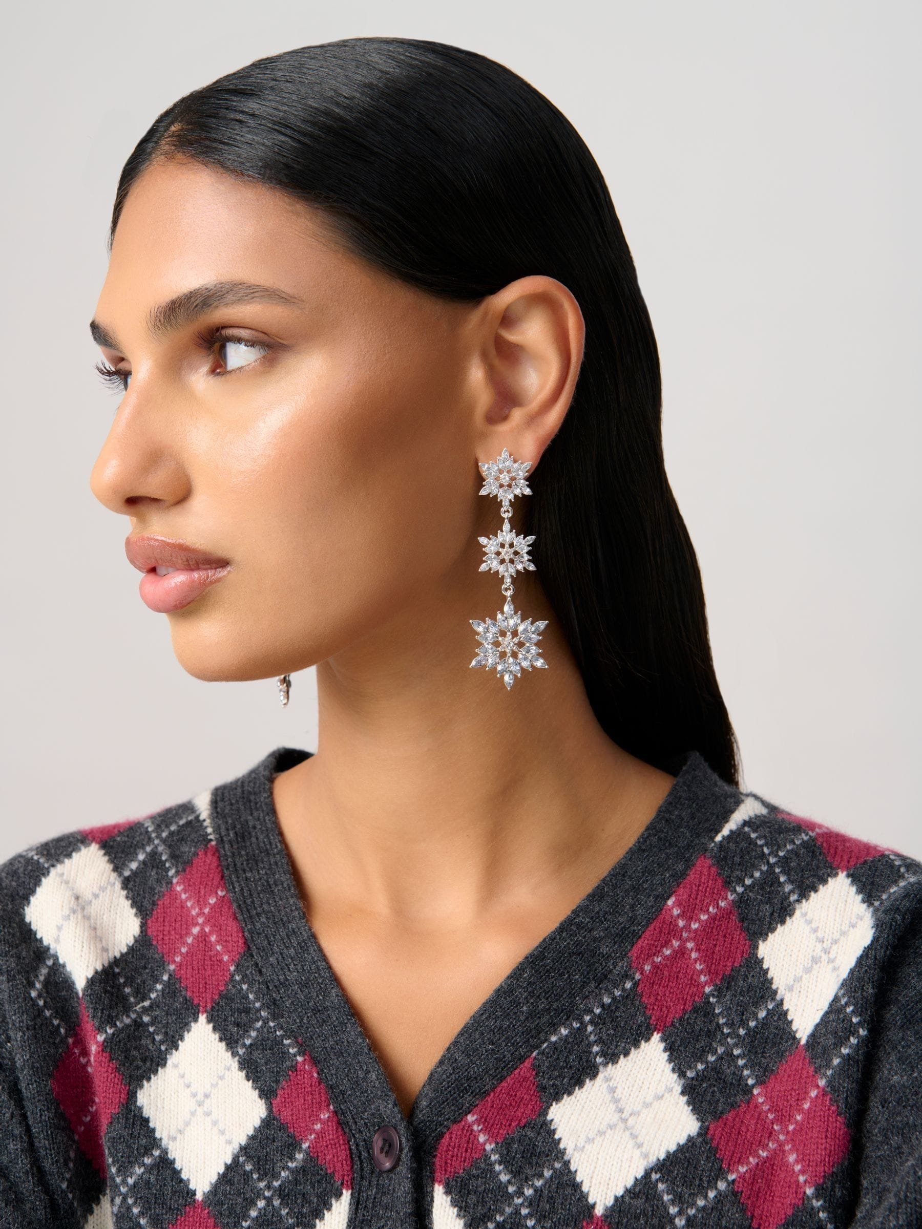 Aela Silver Tone Christmas Triple Snowflake Drop Earrings