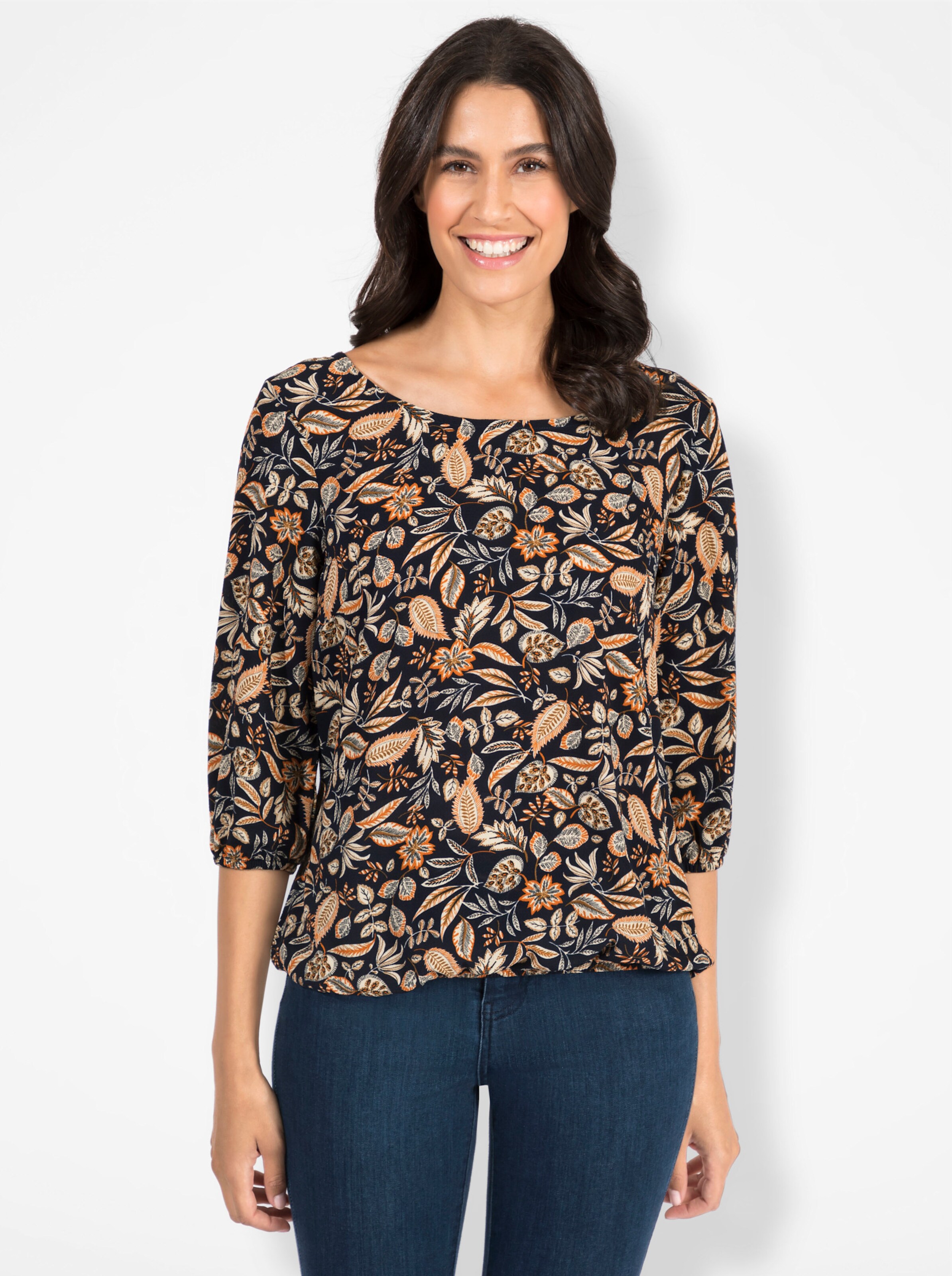 Schlupfbluse in marine-beige-bedruckt