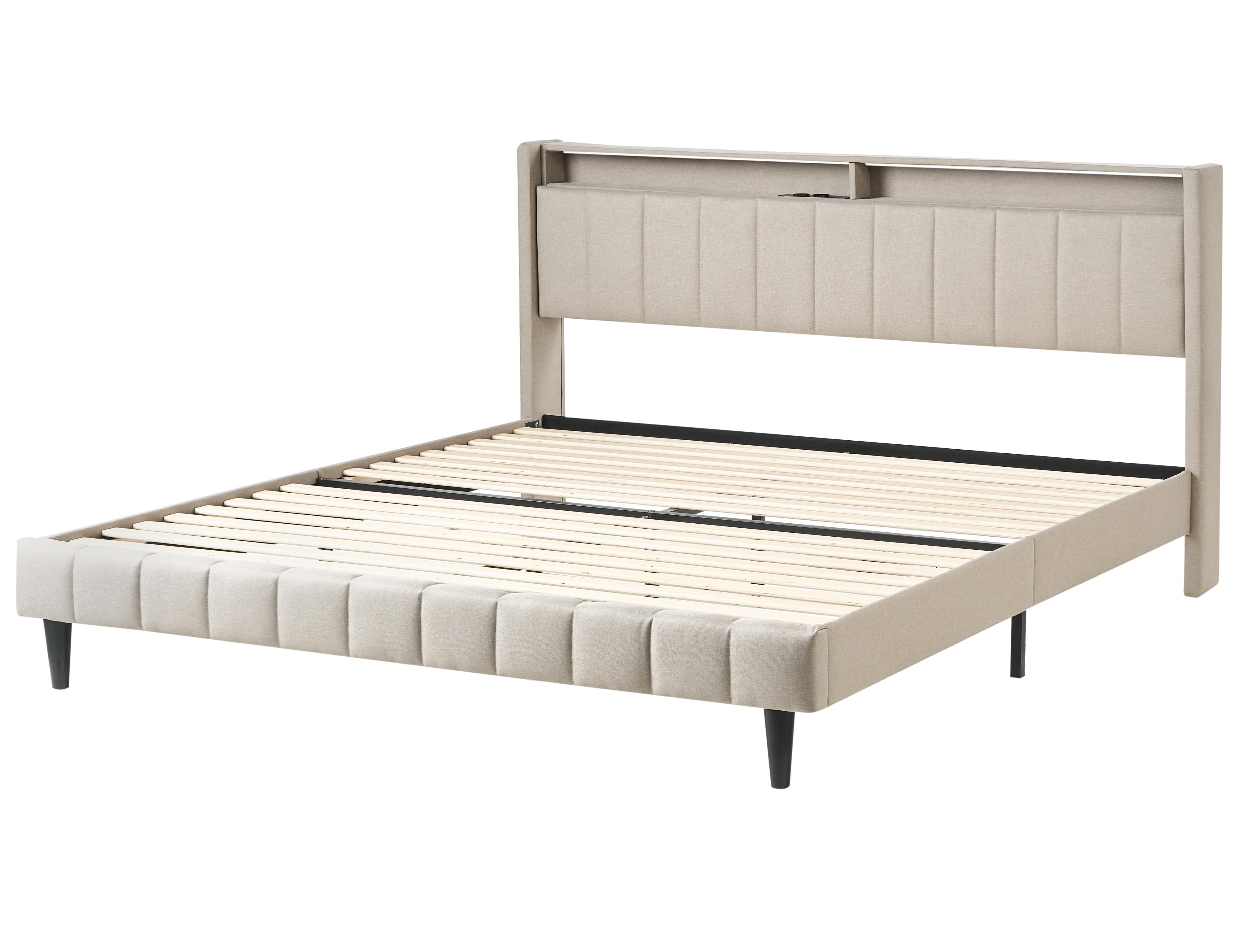 Bed met LED-verlichting Stof BEAULIEU 180 x 200 cm met opbergruimte met USB-poort Beige