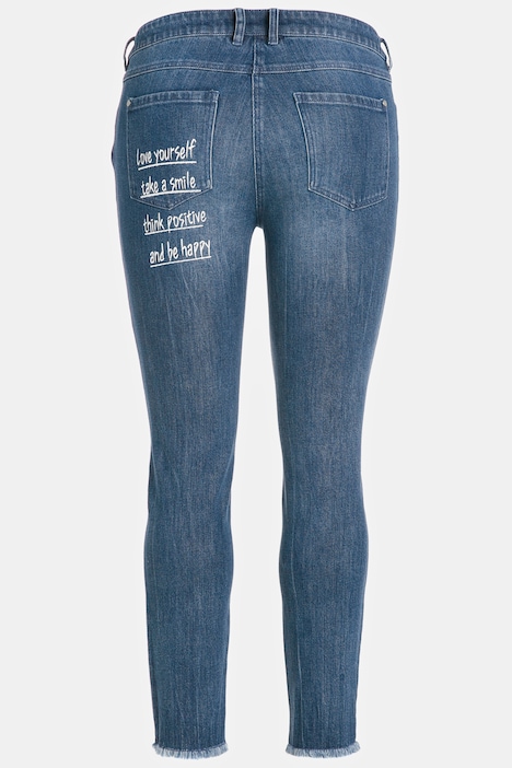 Jeans Sarah, Schriftdruck, High Waist, schmal, Fransen