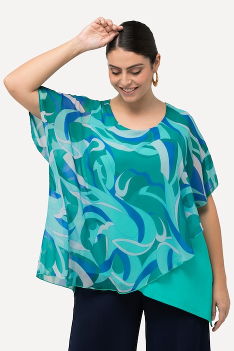 Tunika, Chiffon-Überwurf, Rundhals, Halbarm