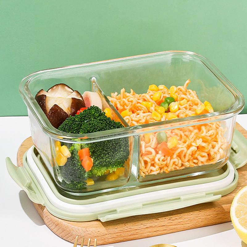 (1l) Glas Frischhalte Dose Auslaufsichere Lunch Box Aufbewahrungs Behälter mit 2 Fächern / Deckel - Grün
