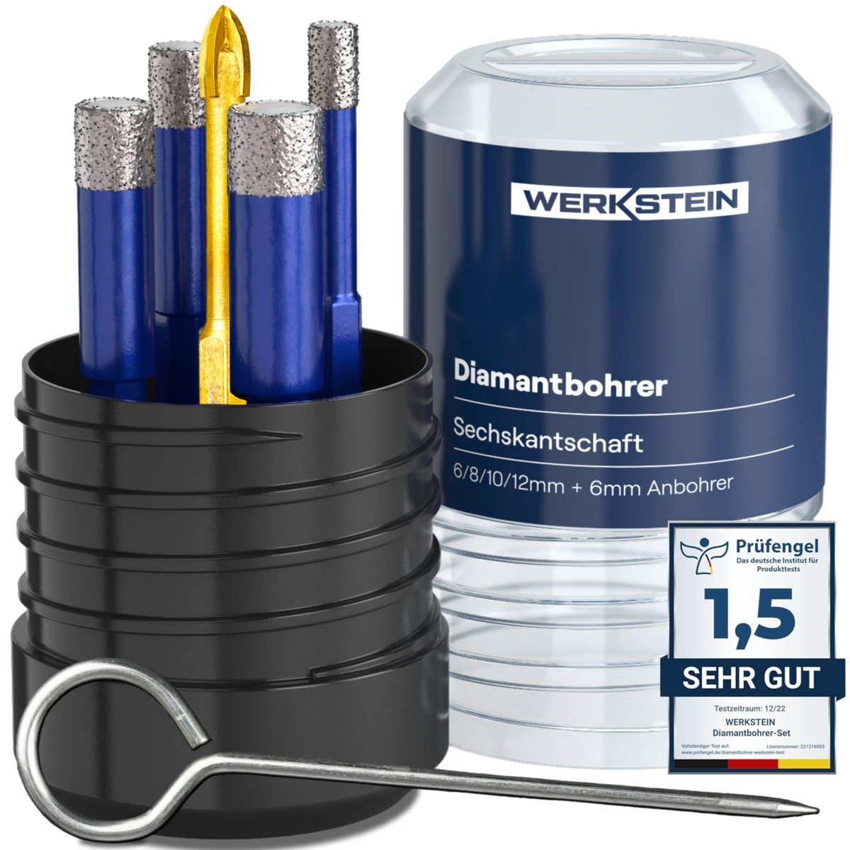 WERKSTEIN Tegelboorset - 6, 8, 10, 12 mm glasboortjes en 6 mm hardmetalen puntboor - Diamantboortjes voor het boren in tegels, glas, marmer, graniet en meer - Keramische/diamantboortjes voor harde tegels