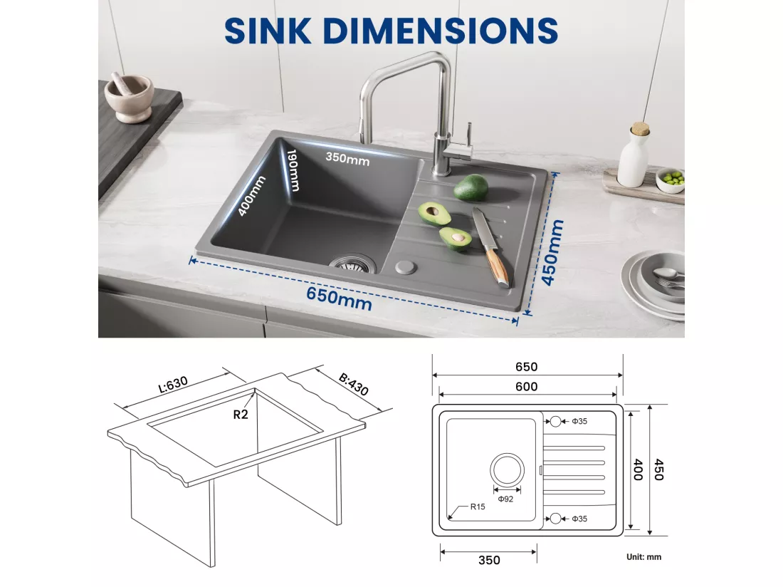 Cecipa max Evier 1 Bac avec Egouttoir Evier à encastrer Quartz et résine Gris 65x45cm + 300ML Distributeur de Savon Noir