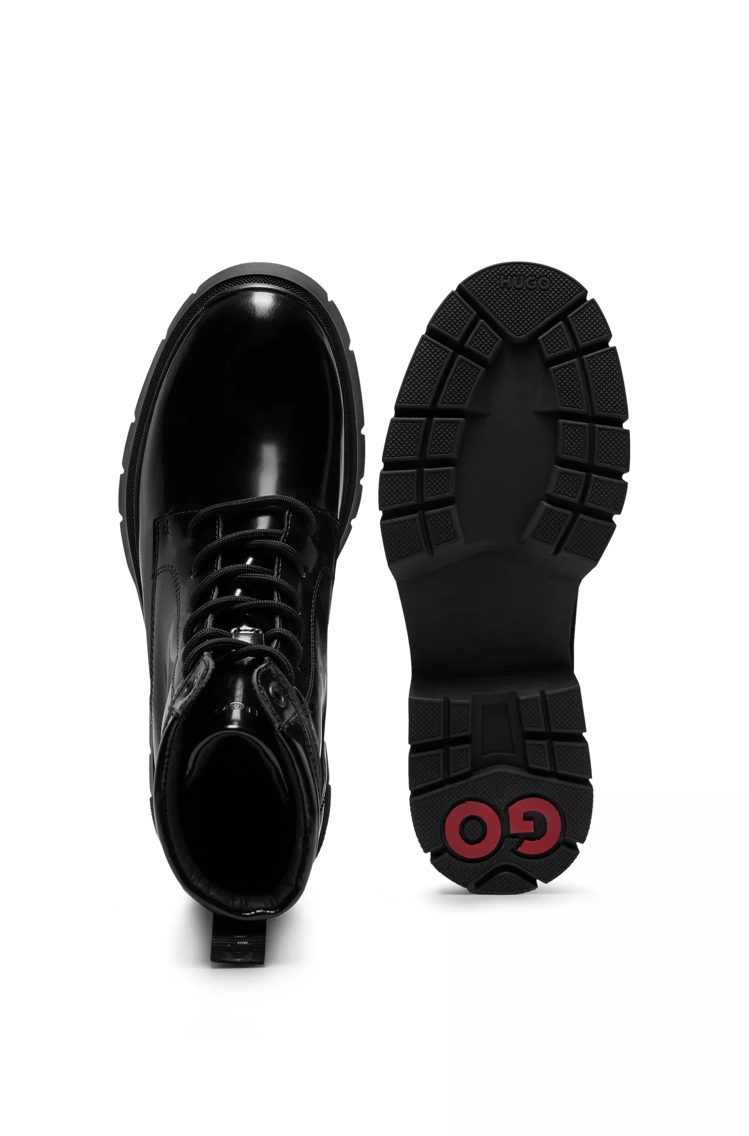 Botas HUGO vermelhas de couro com cadarço e detalhe da marca na gola.