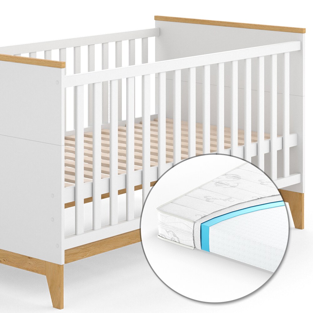 VitaliSpa Kinderbett Babybett Juniorbett Malia Weiß Eiche Matratze modern 70x140 cm Kinderzimmer Bett Babyzimmerbett Kindermöbel Babymöbel Schlupfsprossen Lattenrost Rausfallschutz Einzelbett