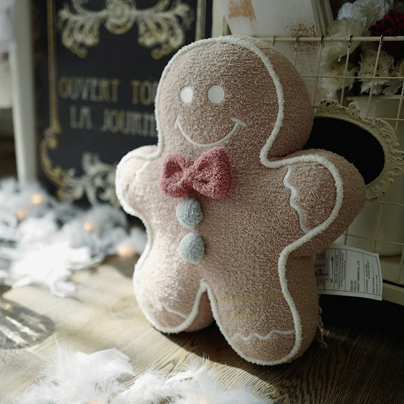 (38x32cm) Weihnachts Lebkuchenmann Kissen Gingerbread Home Deko Weiches Plüsch Plätzchen - Braun