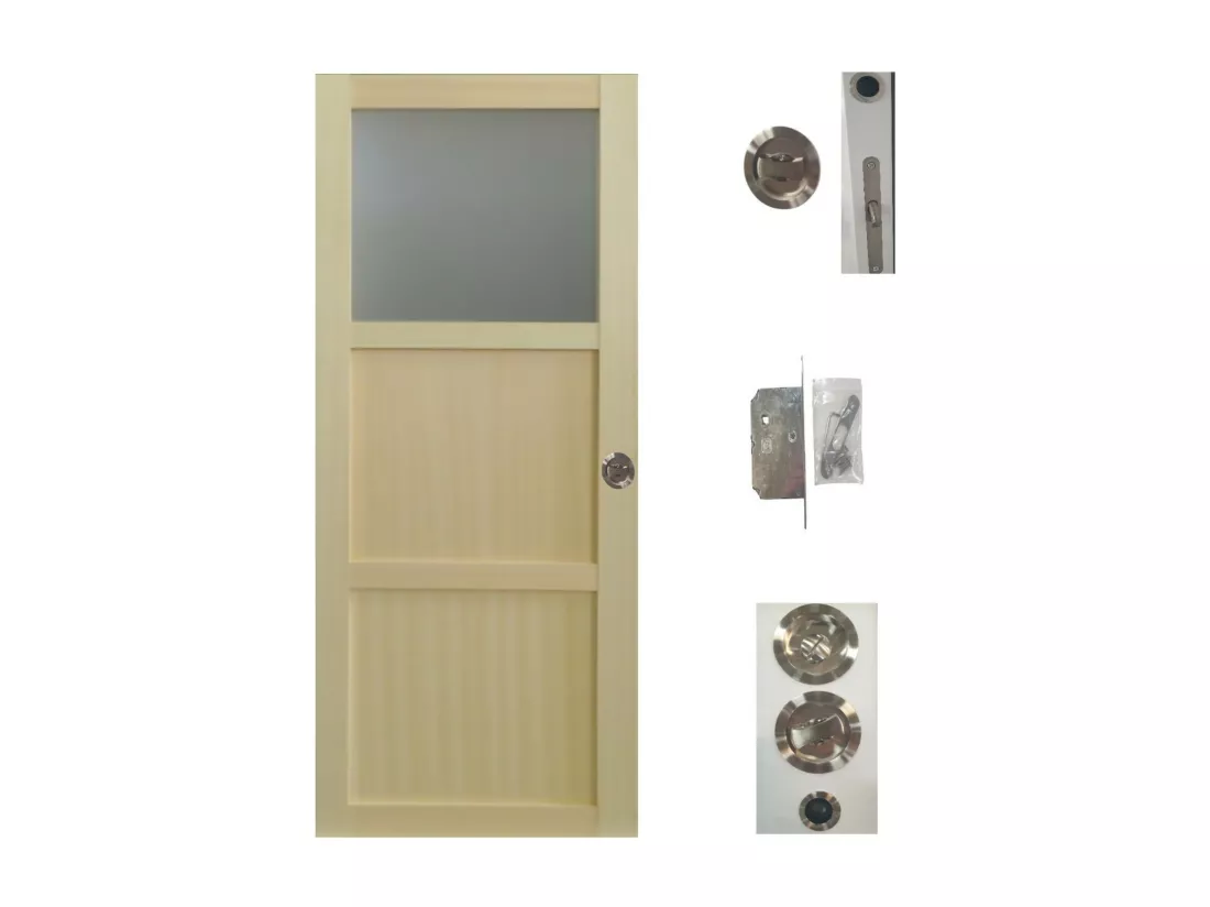 Porte Coulissante Bois Ayous 2 Panneaux + 1 Vitrage H204 X L73 + Serrure à Condamnation Gd Menuiseries
