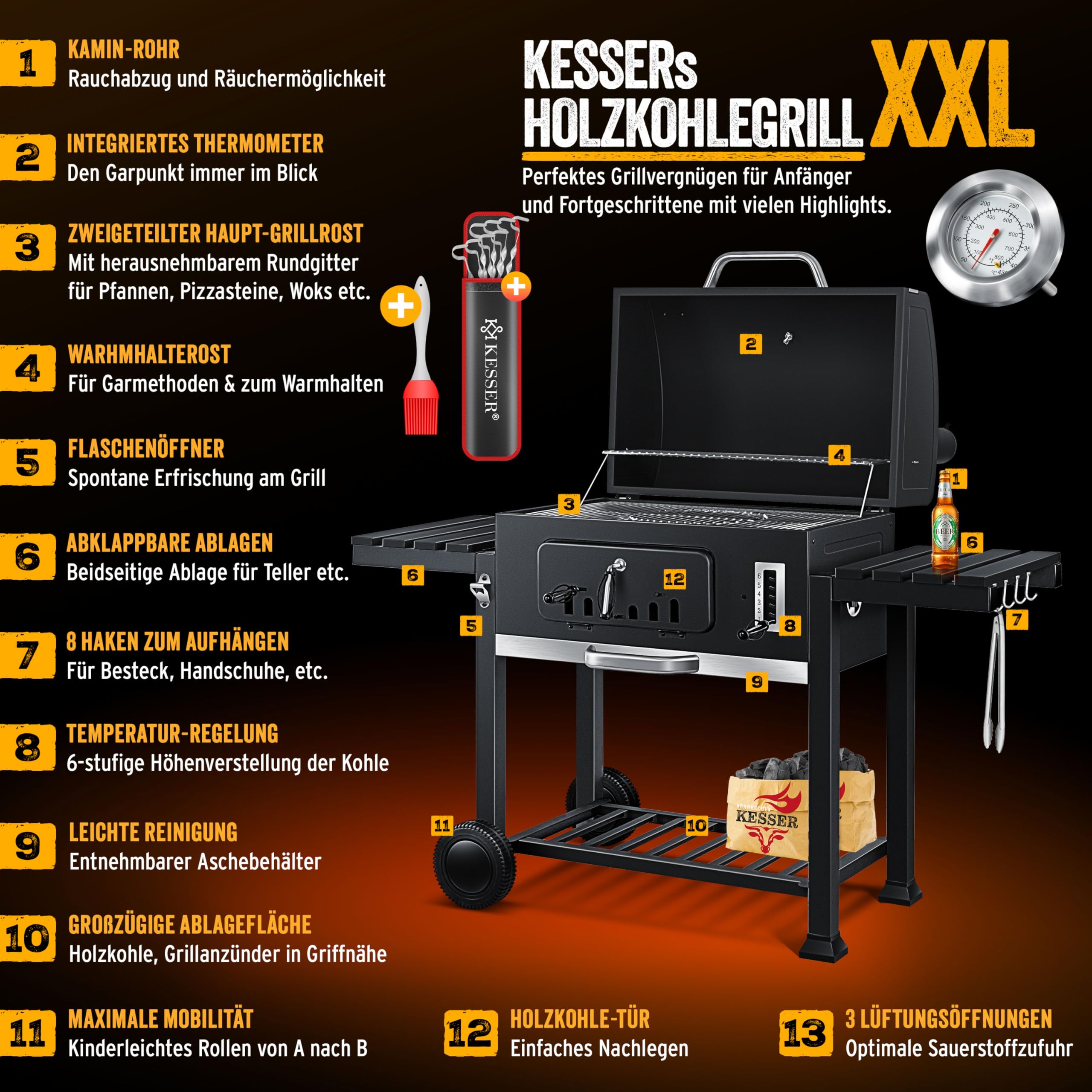 KESSER® Chariot à Barbecue | Grill XXL à Charbon de Bois avec Couvercle, Roues, poignée en Acier Inoxydable, Grille et thermomètre | Grand Barbecue au Charbon de Bois