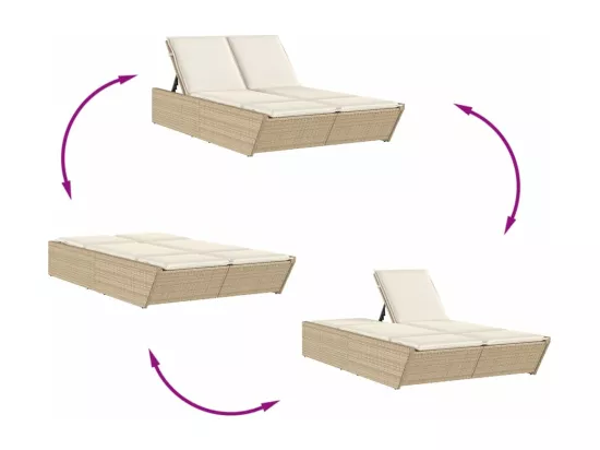 Chaise longue double avec coussins beige résine tressée