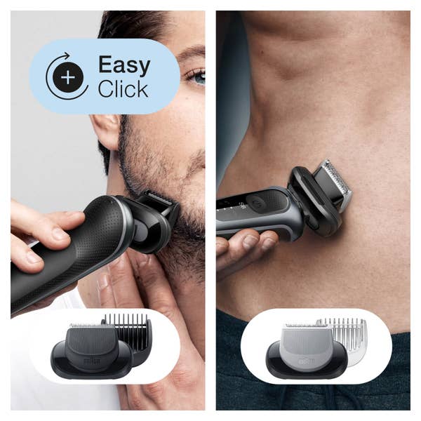 Braun Series 6 61-N7650cc Elektrorasierer mit 2 EasyClick-Aufsätzen, Reinigungsstation, Grau
