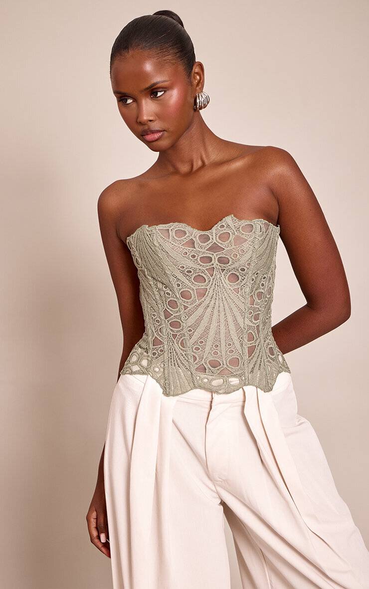 Vert Sauge Corset En Dentelle Florale Transparente Texturée