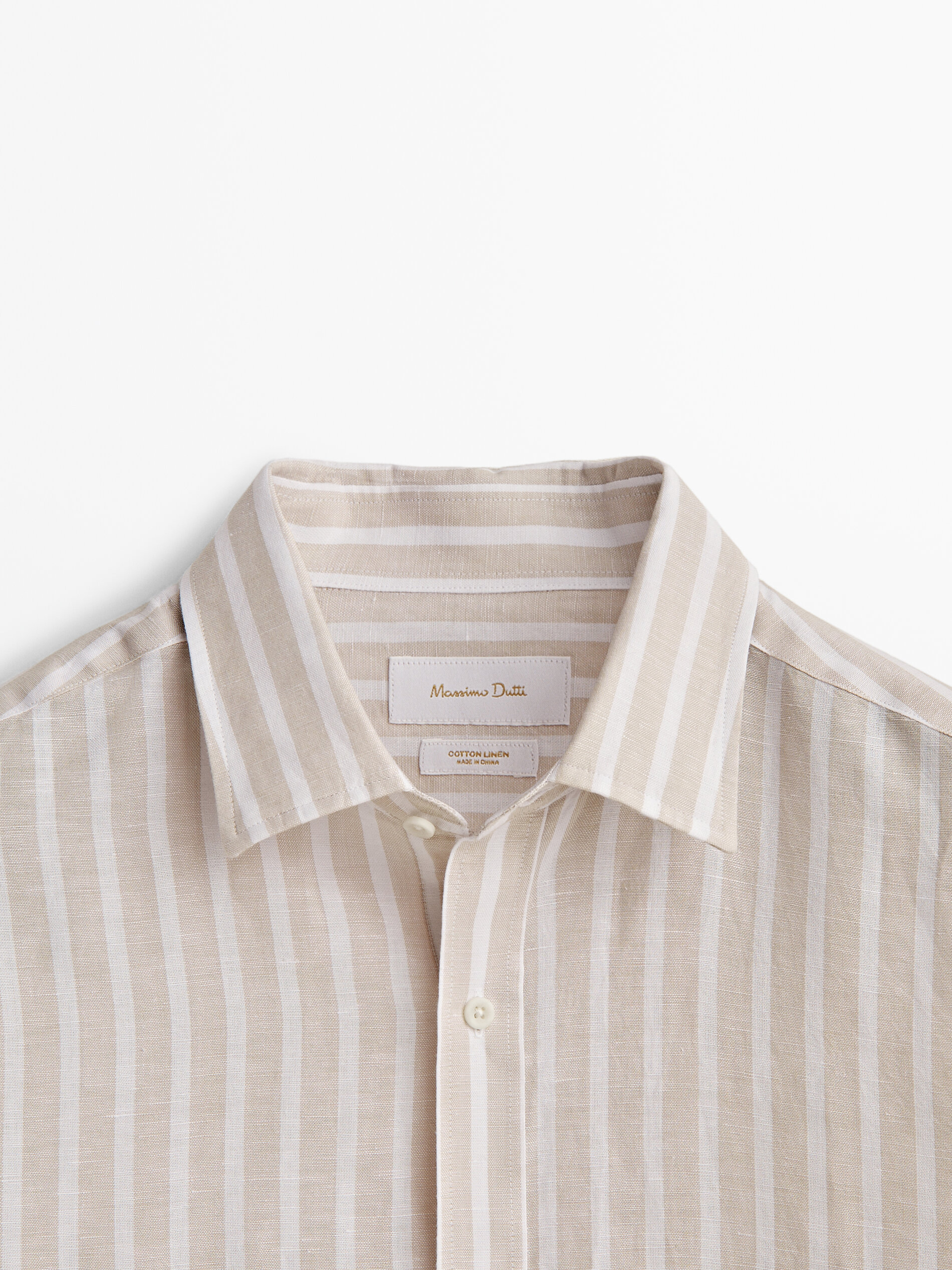 Rayas camisa com lino e algodón slim fit - BEIGE
