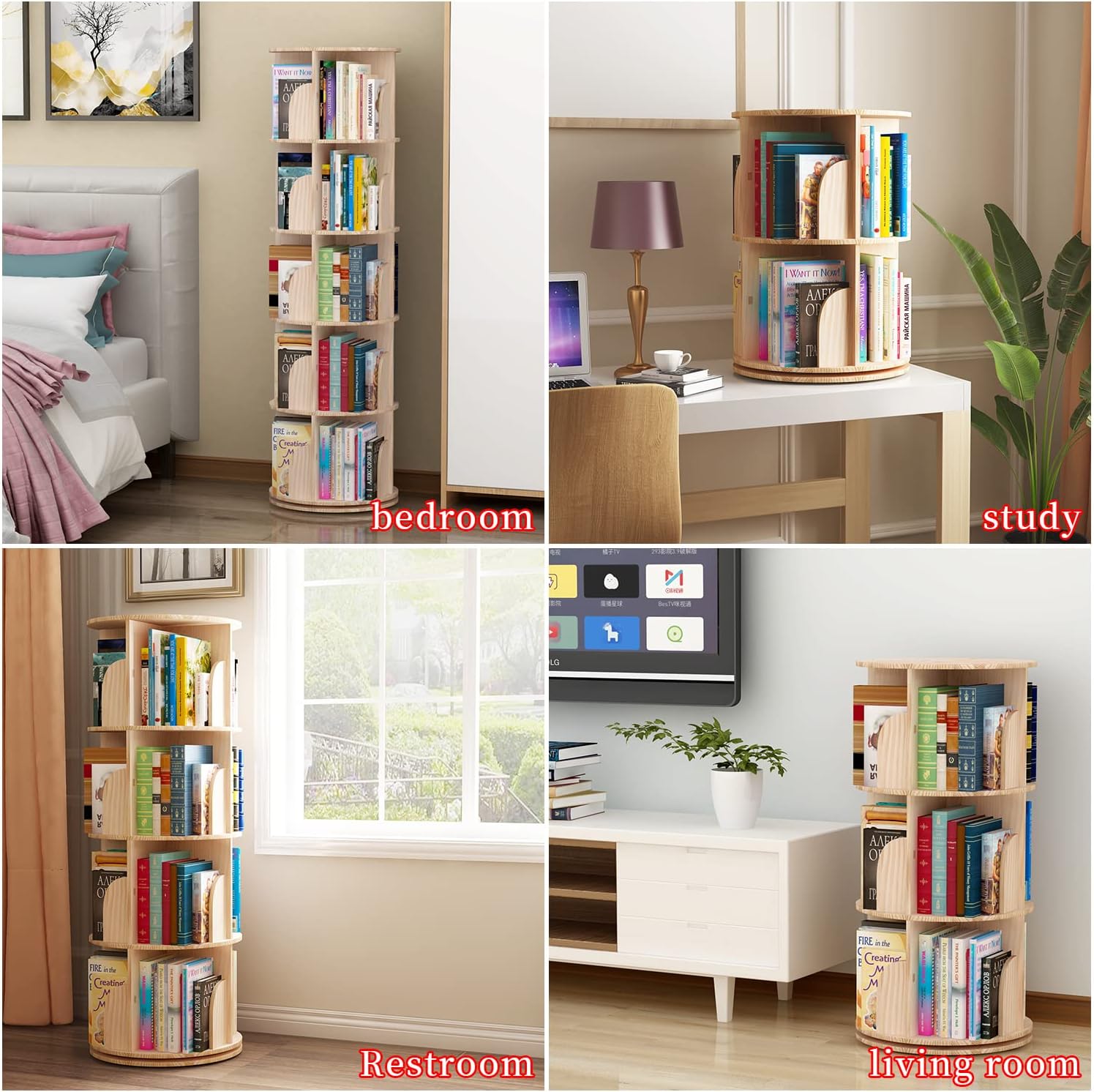 PTUWODS Drehbares Bücherregal, Standregal, 360 Grad, Lagerregal für Bibliothek, Schlafzimmer, Wohnzimmer, multifunktionales Bücherregal Massivholz (5 böden)