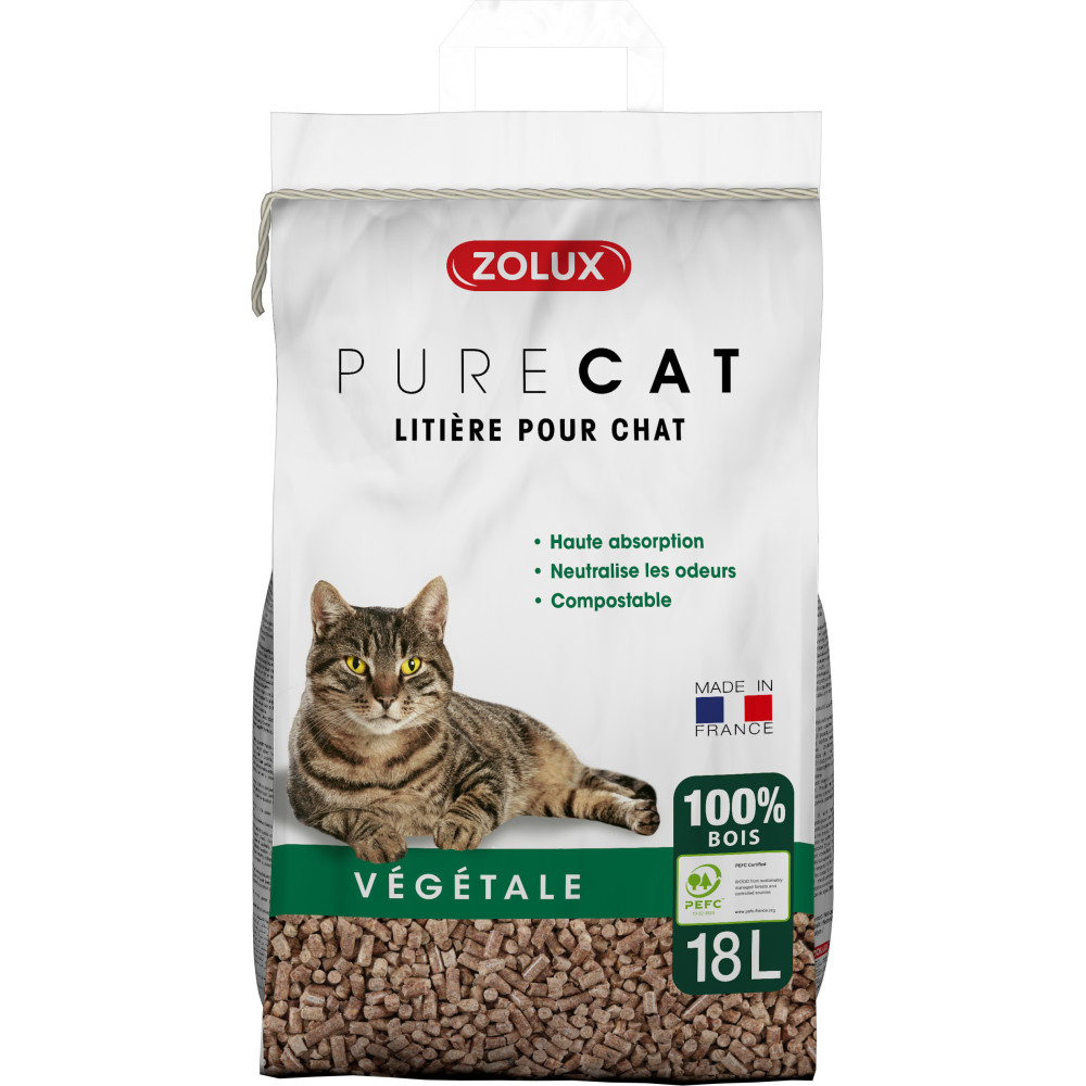 Litière végétale granules de bois purecat 18 l soit 12.5 kg pour chat