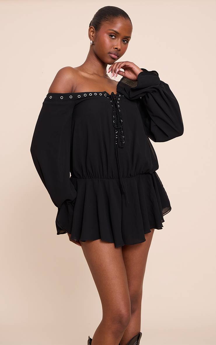 Noir Combishort Fluide Bardot En Mousseline À Manches Longues