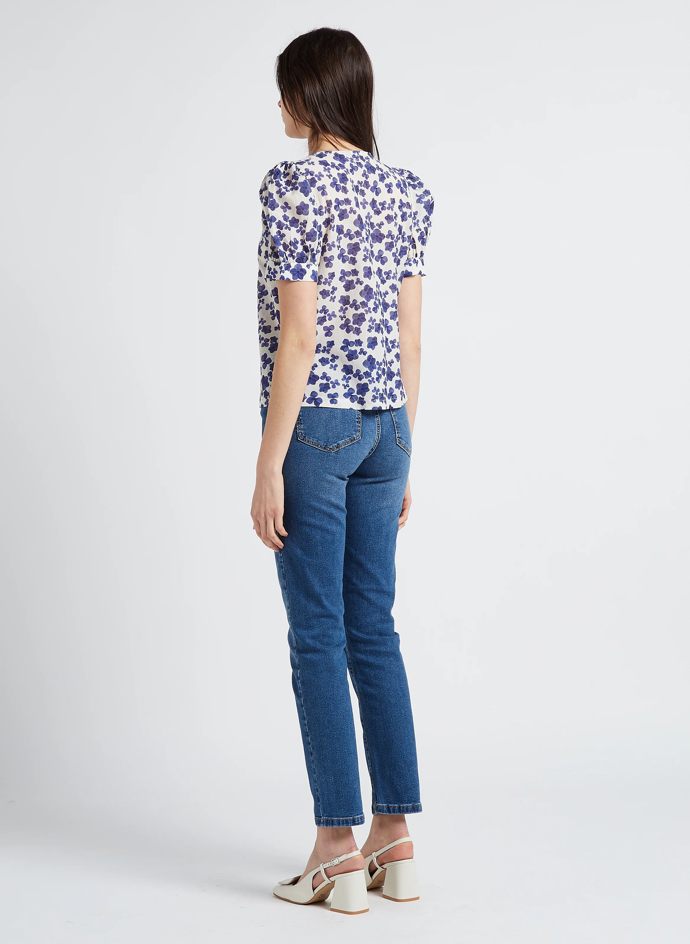Jean droit taille mi-haute en denim de coton| Bleu