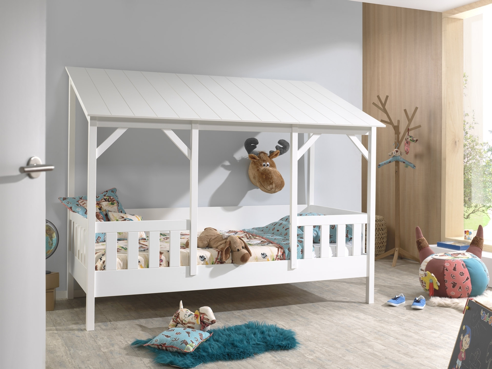 Hausbett-Set - weiß - mit Rolllattenrost und Matratze - 90x200 cm