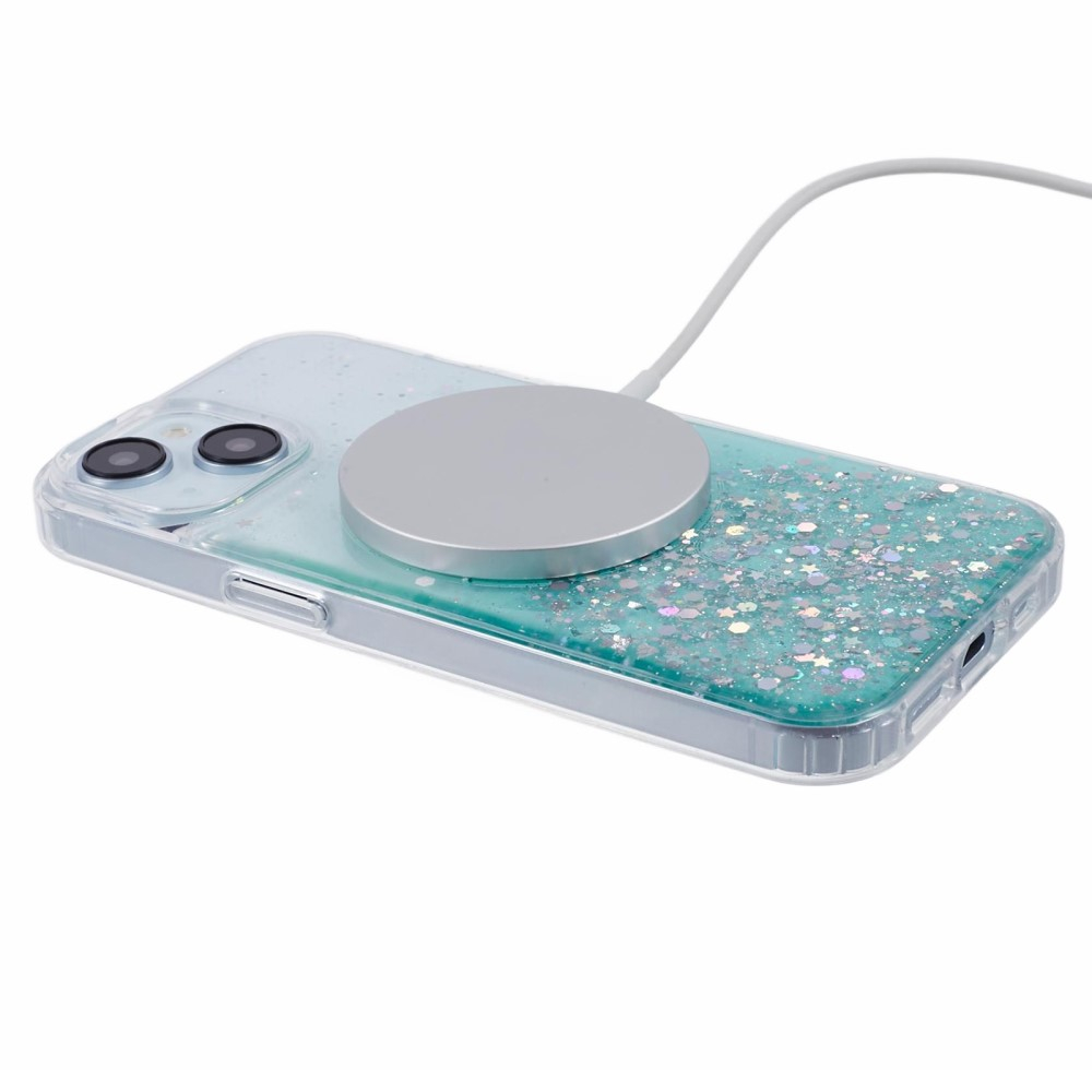 iPhone 15 MagSafe Hülle mit Acryl Rückseite und Farbverlauf im Glitzer Design - Türkis