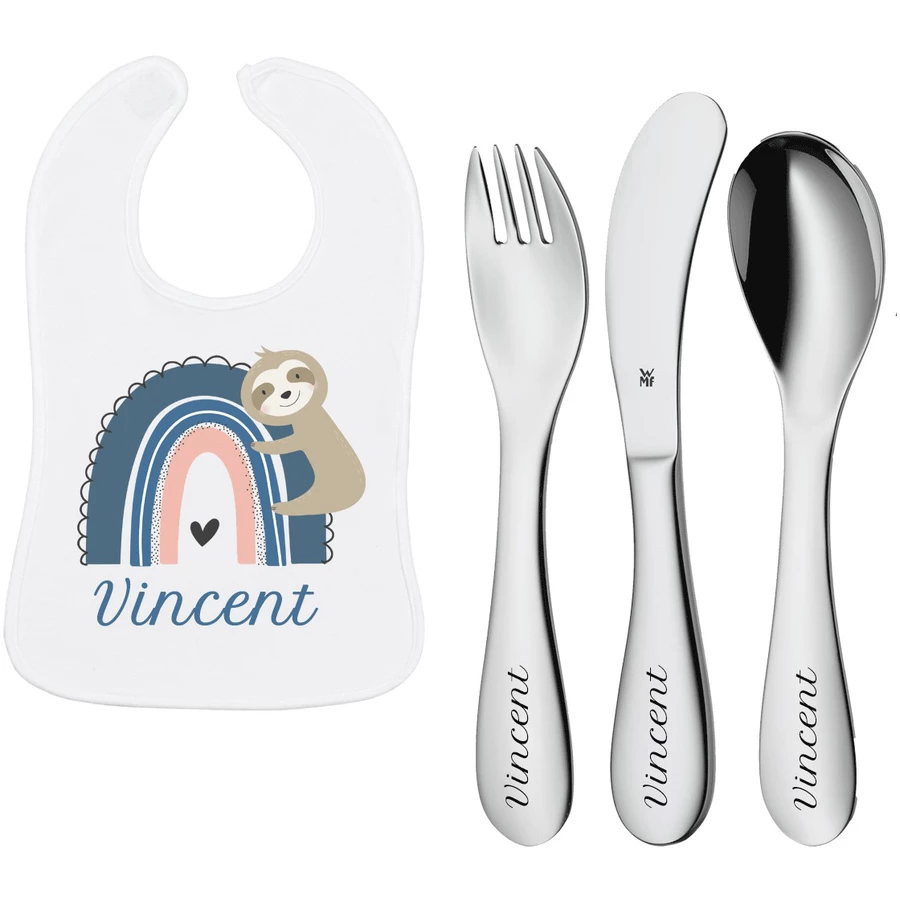 Schnullireich Geschenkset mit Namen WMF Kinderbesteck Knuddel Mini 3 Tlg. + Lätzchen Blue Rainbow Silber
