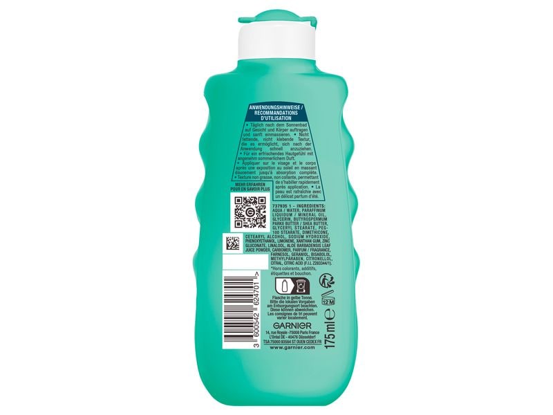Garnier Ambre Solaire After Sun Beruhigend 175 ml Pflegende Feuchtigkeitsmilch wirkt Spannungsgefühlen und Rötungen entgegen