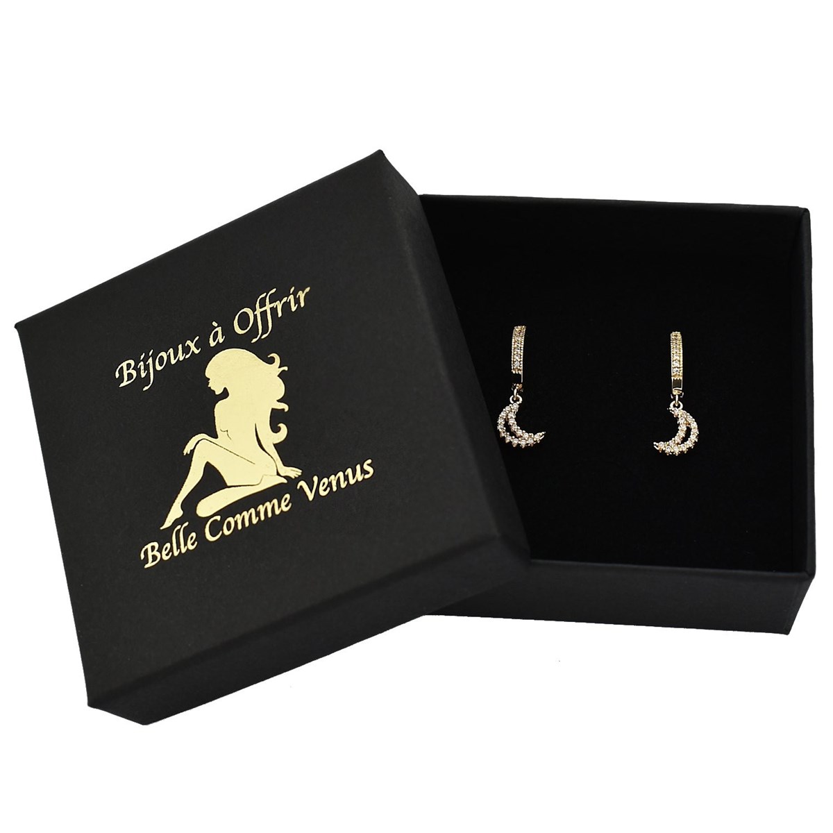 Boucles d'oreilles Mini Créoles lune oxyde de zirconium pendante Plaqué or 750 3 microns