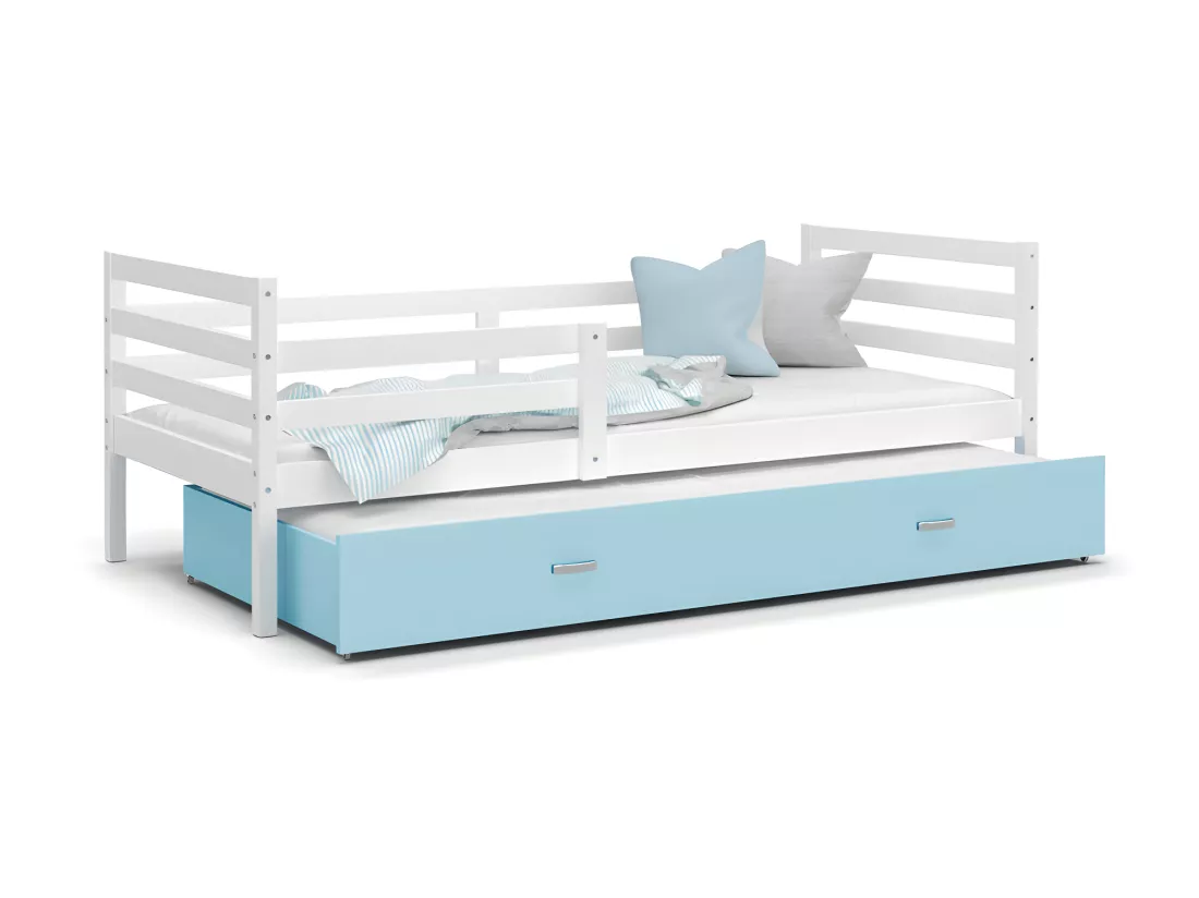 Lit Gigogne Milo 90x190 Blanc - bleu Livré avec sommiers, tiroir et matelas en mousse de 7cm