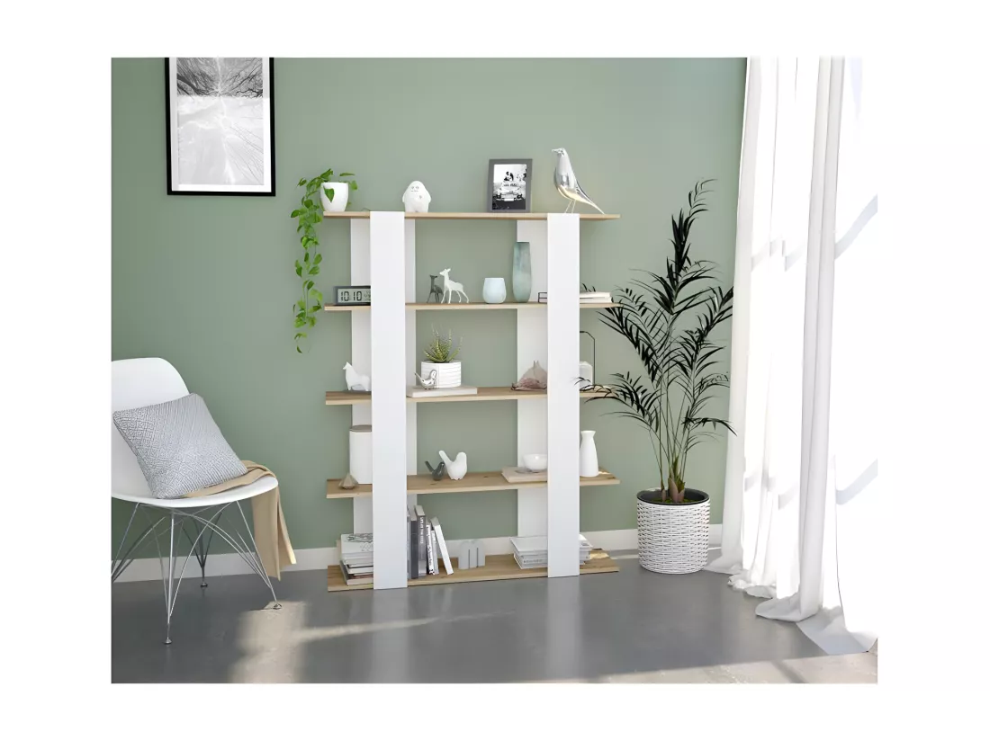 Étagère 5 niveaux Blanc Mat/Chêne - IDEAX - L 108 x l 31 x H 136 cm