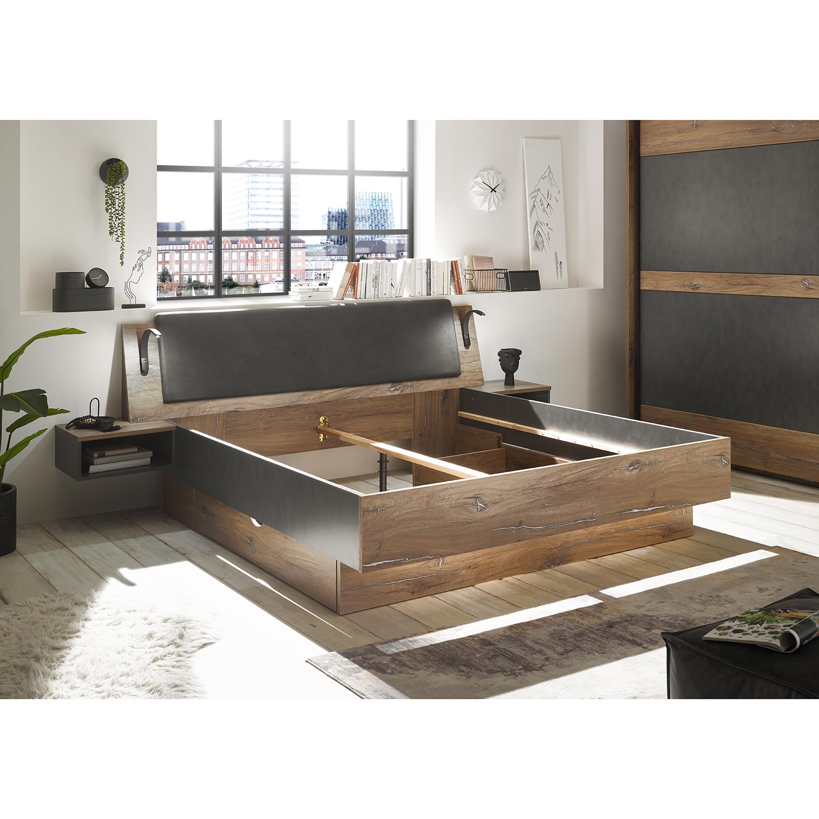 Bettanlage - Flagstaff Eiche dunkel - Matera - mit Nachtkonsolen - 180x200 cm