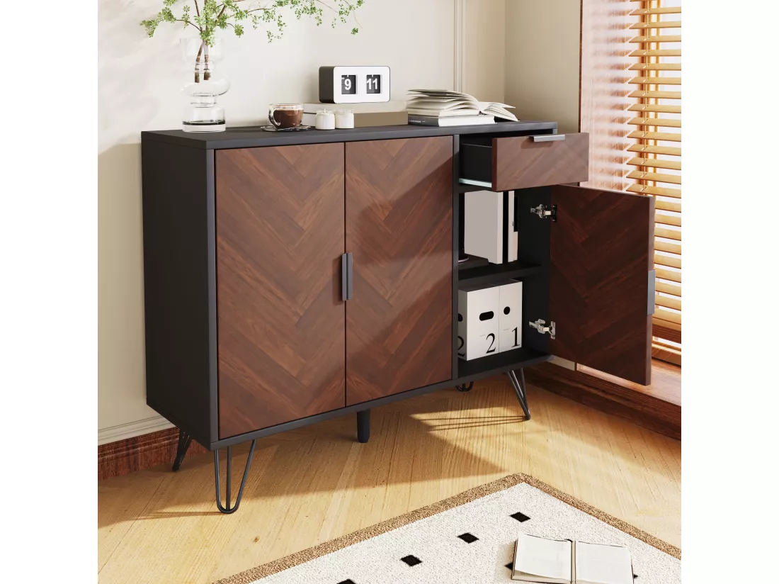 Buffet avec 3 portes et 1 tiroir - 90 x 30 x 71,5 cm - étagères réglables - MDF et panneau de particules - Noir et bois