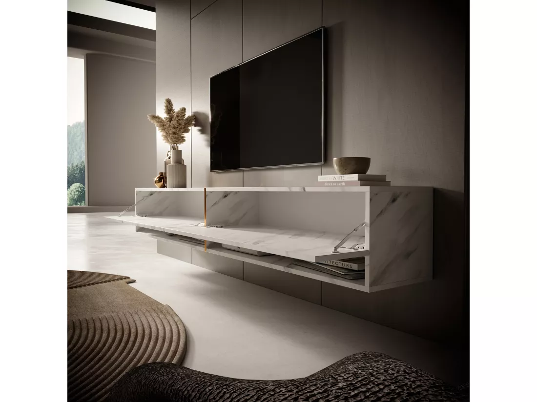 Meuble tv 200 cm -marbre blanc avec insert d'or - MIRRGO