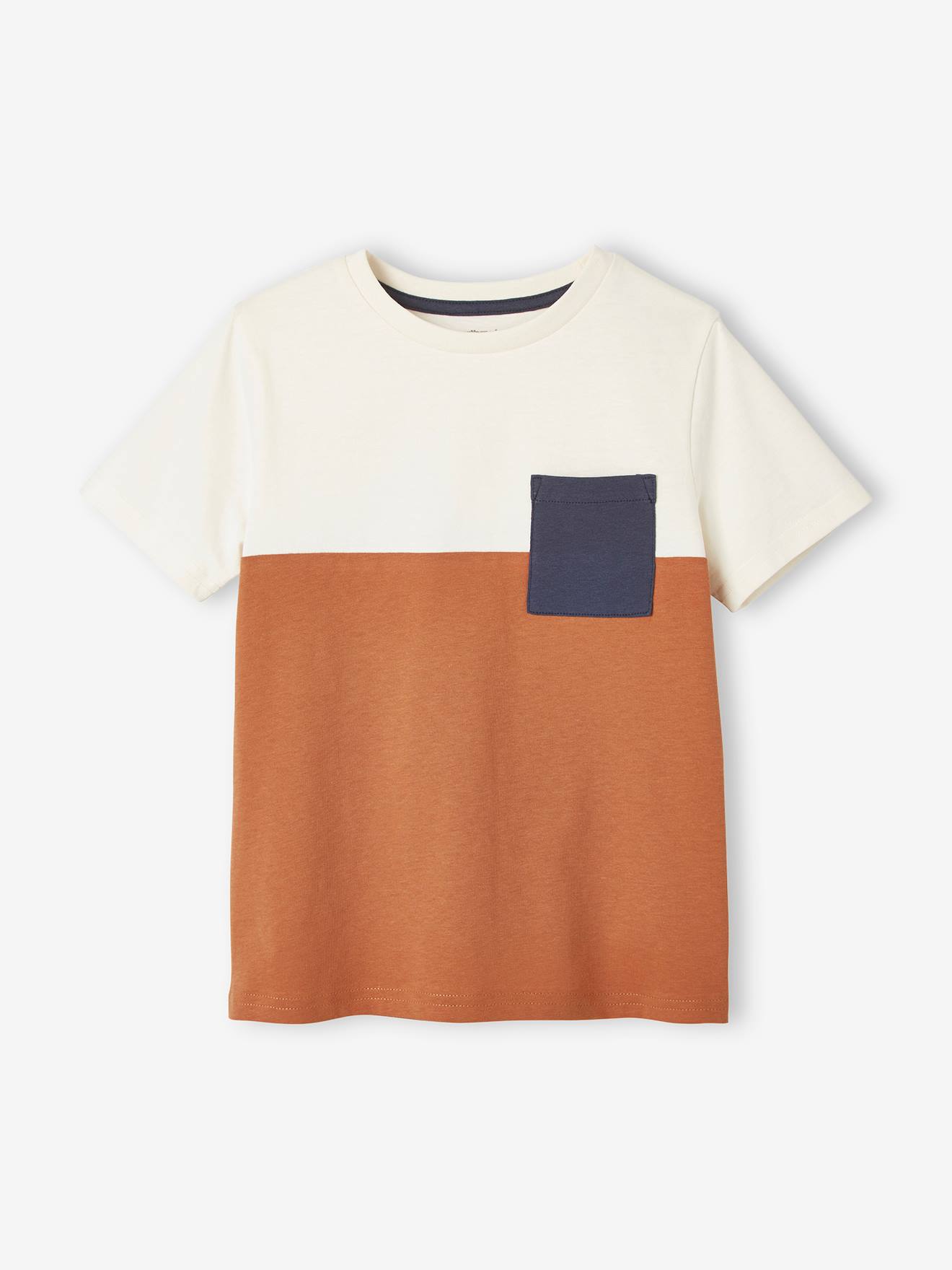 Camiseta infantil masculina de manga curta com blocos de cores, lisa na cor laranja média com estampas.