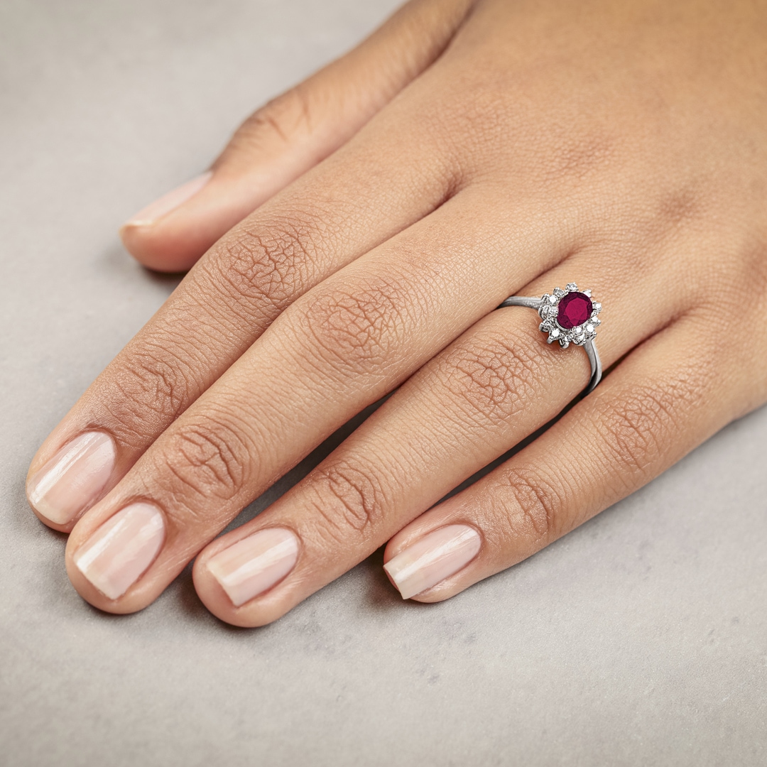 Damenring 750/18 K Weissgold mit Diamanten 0.22 ct H/si & Rubin 1.23 ct