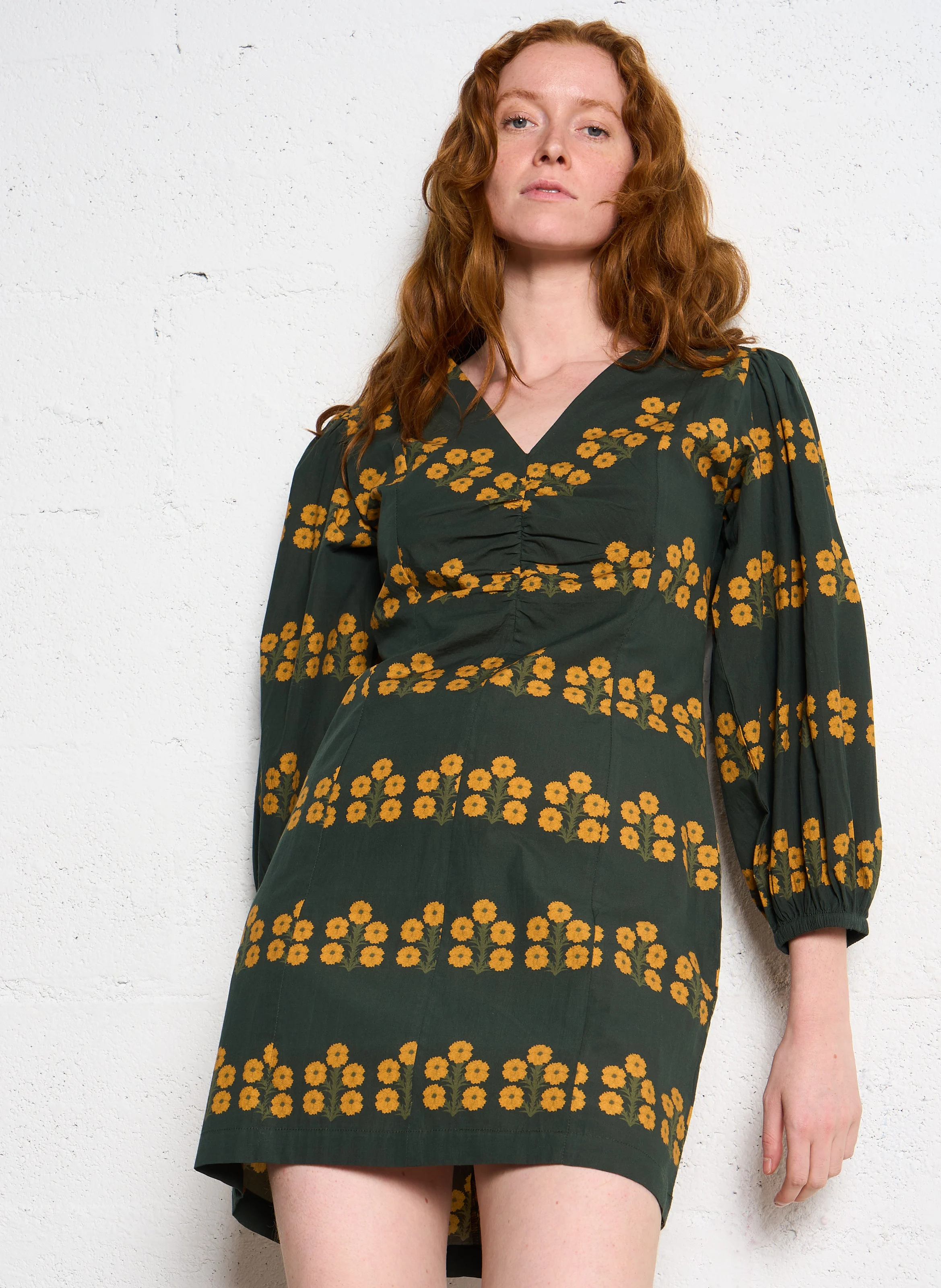 ASTER - Robe midi imprimée en coton | Kaki