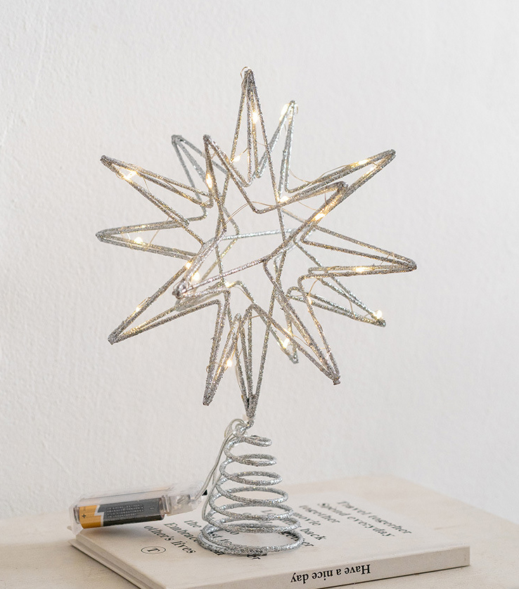 (24x32cm) 20 LED's Stern Christbaum Schmuck Weihnachsbaumspitze Glitzer Christmas Deko (Batteriebetrieben) - Silber