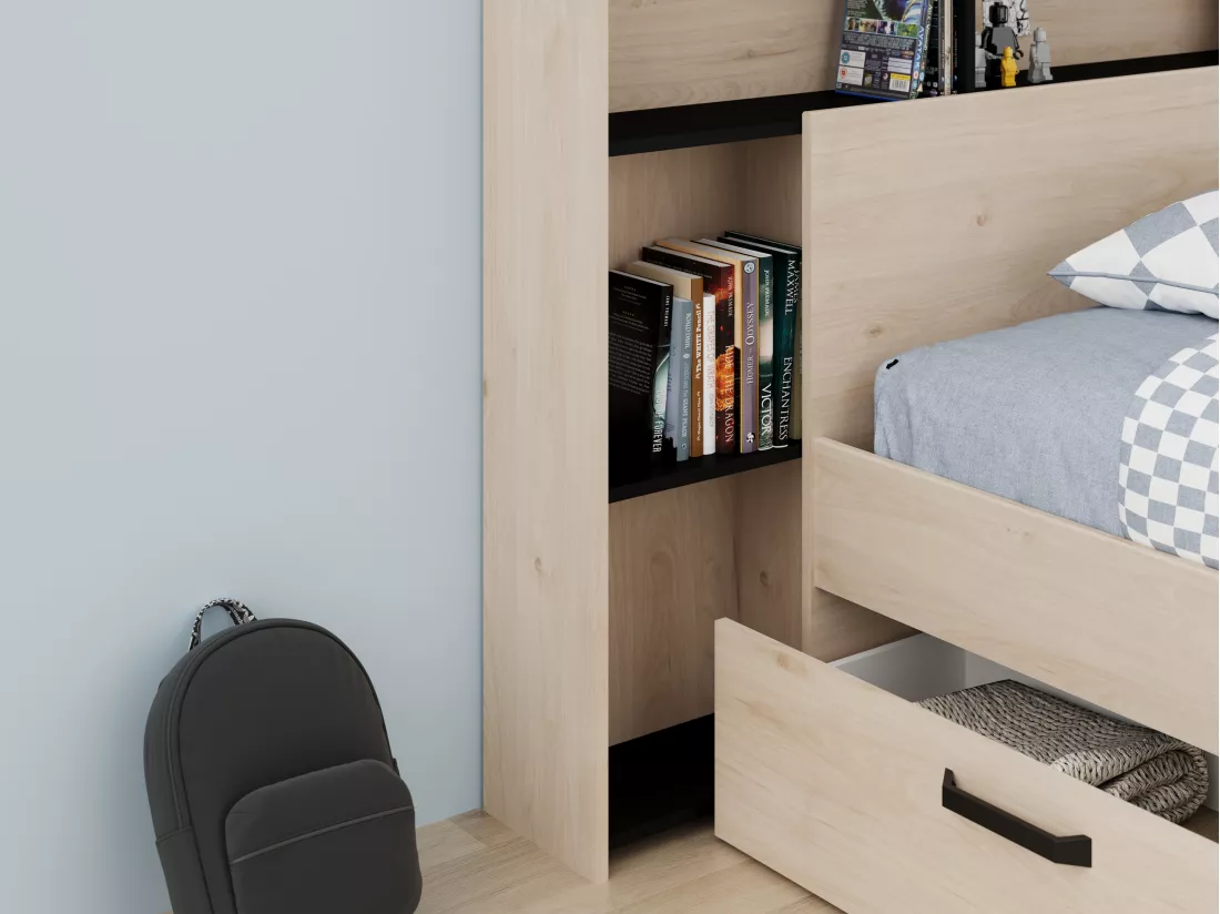 Lit 140 x 190/200 cm avec tête de lit et rangements - Coloris : Naturel et noir + Sommier - KINSELIA