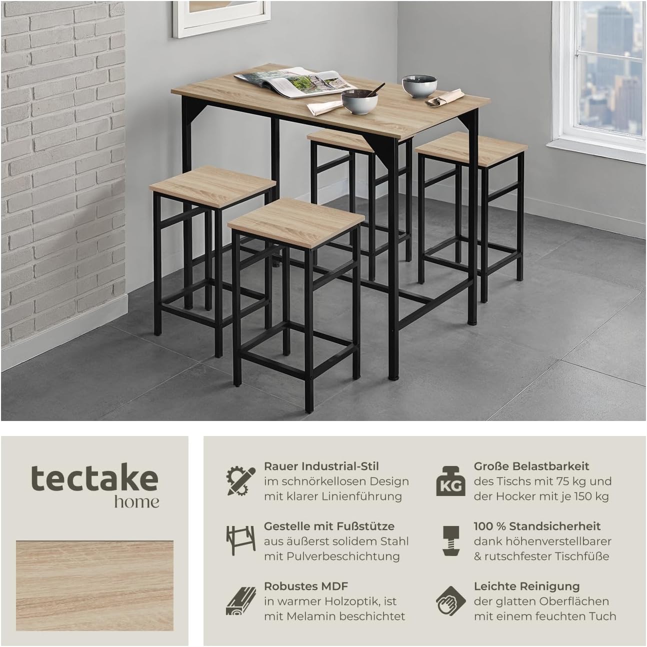 tectake® Bartisch-Set, Stehtisch mit 4 Barhockern, 5-teiliges Tischset, 100 x 60 x 88,5 cm, Industrie-Design, Tischplatte aus Holz, schwarzes Metallgestell (Industrial Holz hell, Eiche Sonoma)