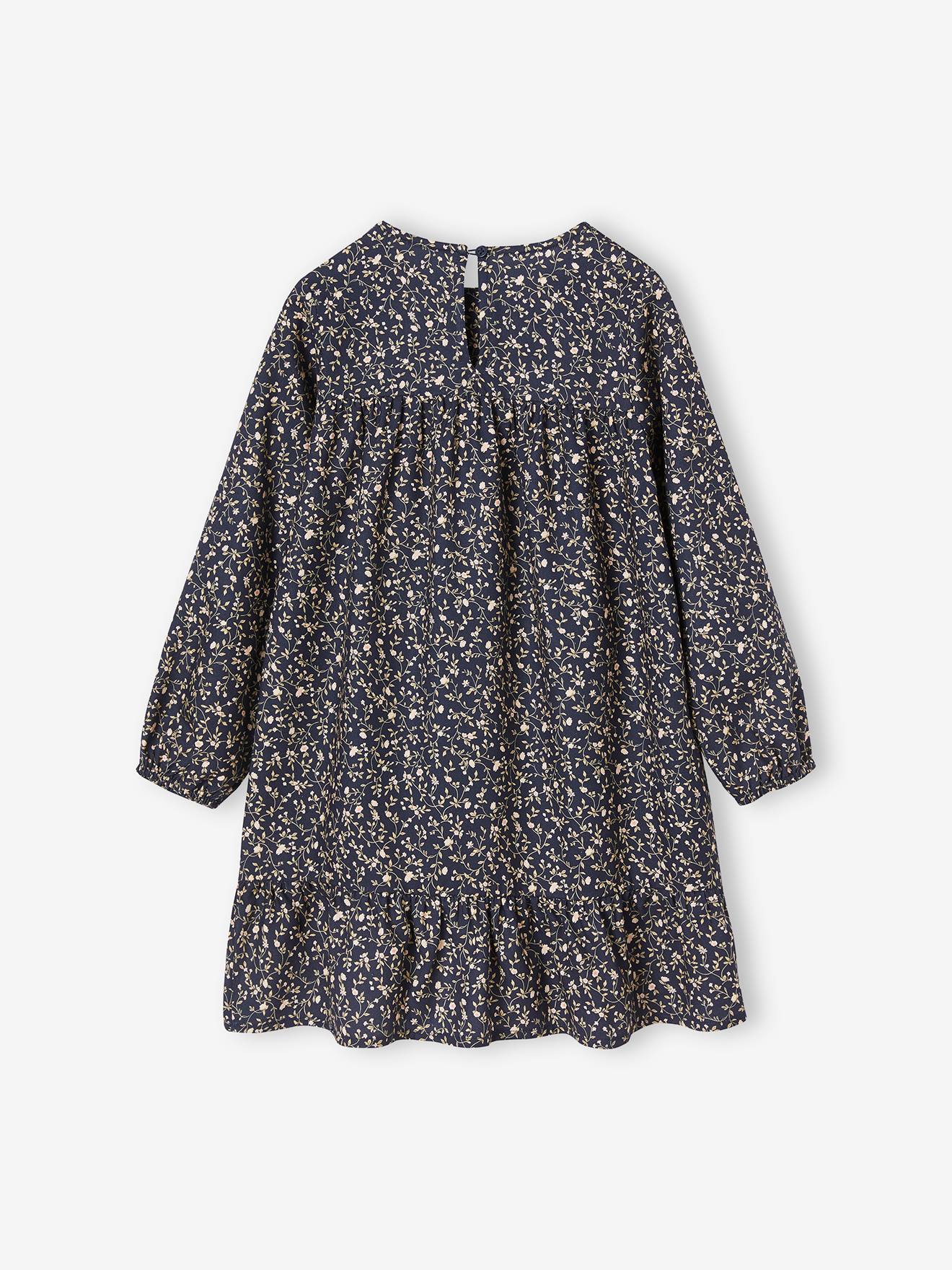 Vestido azul-marinho de mangas compridas com detalhes franzidos e motivos florais para meninas.